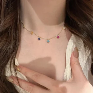 925 Sterling Silver 14K Gold Plated Mini Four Leaf Clover Pendant Clavicle Chain