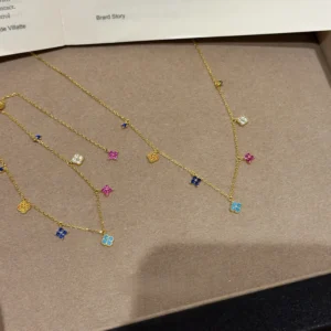 925 Sterling Silver 14K Gold Plated Mini Four Leaf Clover Pendant Clavicle Chain